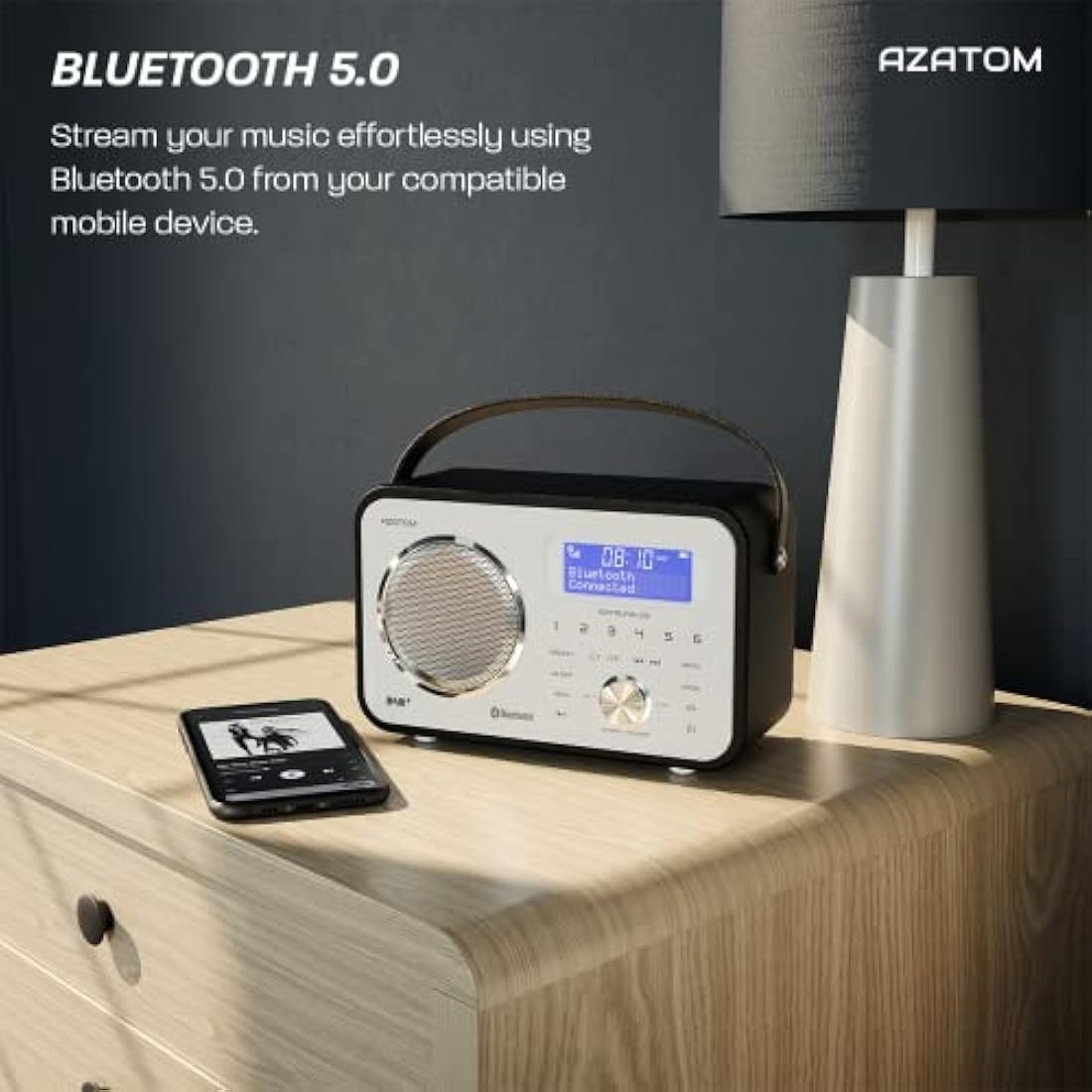 DAB/DAB+ & FM Portable Digital Radio | Leather Design | Bluetooth | Rechargeable Battery | Dual Alarms & Sleep Timer | Perfect for Home, Office or Outdoors | AZATOM Spitalfields 2 (Black)