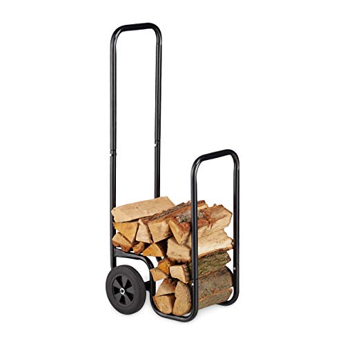 Relaxdays Log Cart, Steel Firewood Trolley, With 2 Wheels, Fireplace Wood Transport & Storage, Up To 60 kg, Black