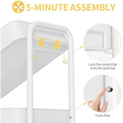 Urackify Storage Trolley on Wheels for Variety Applications, 3 Tier Trolley with Extra DIY Pegboards,Handing Bins, and Hooks for Living Room, Kitchen, Bathroom, Office, Classroom, White