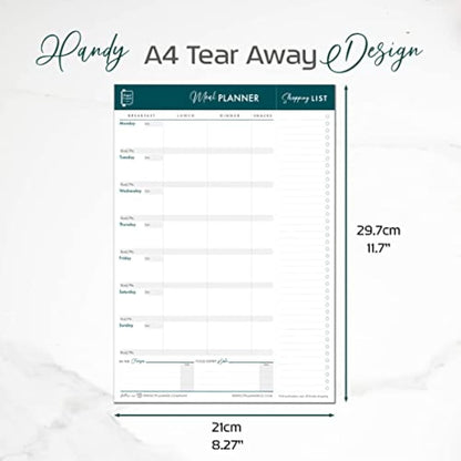 Perfect Planner Company - Magnetic Weekly Meal Planner Pad - A4 Tear Away Design - Perforated Shopping List - Calorie Tracker and Food Expiry Date - Teal - Portrait 50 Pages