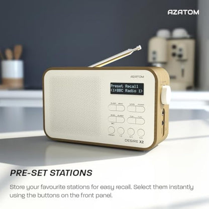 DAB/DAB+ & FM Portable Digital Radio | Simple Controls | Dual Alarms & Sleep Timer | Battery & Mains Powered (4x”AA”) | Bluetooth | Perfect for Home, Office or Outdoors | AZATOM Desire X2 (Oak)