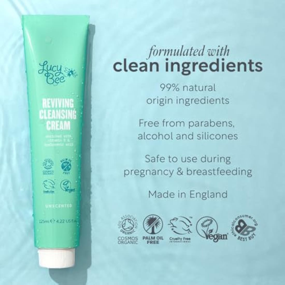 Lucy Bee Facial Cleanser, Certified Organic Soothing Makeup Remover & Cream Cleanser, Suitable For Sensitive Skin & Redness-Prone, Anti-Ageing, Vegan Cruelty Free & Palm Oil Free, 125ml