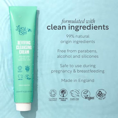Lucy Bee Facial Cleanser, Certified Organic Soothing Makeup Remover & Cream Cleanser, Suitable For Sensitive Skin & Redness-Prone, Anti-Ageing, Vegan Cruelty Free & Palm Oil Free, 125ml