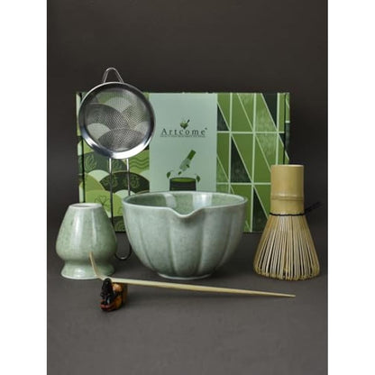 Artcome 6-Piece Japanese Tea Set, Matcha Bowl with Spout, Whisk, Scoop, Holder - Handmade Ceremony Kit