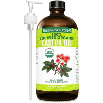 Castor Oil (16oz Glass Bottle) USDA Certified Organic 100% Pure Cold Pressed Hexane Free by RejuveNaturals. Boost Hair Growth for Eyelashes Eyebrows & Hair. Natural Dry Skin Moisturizer