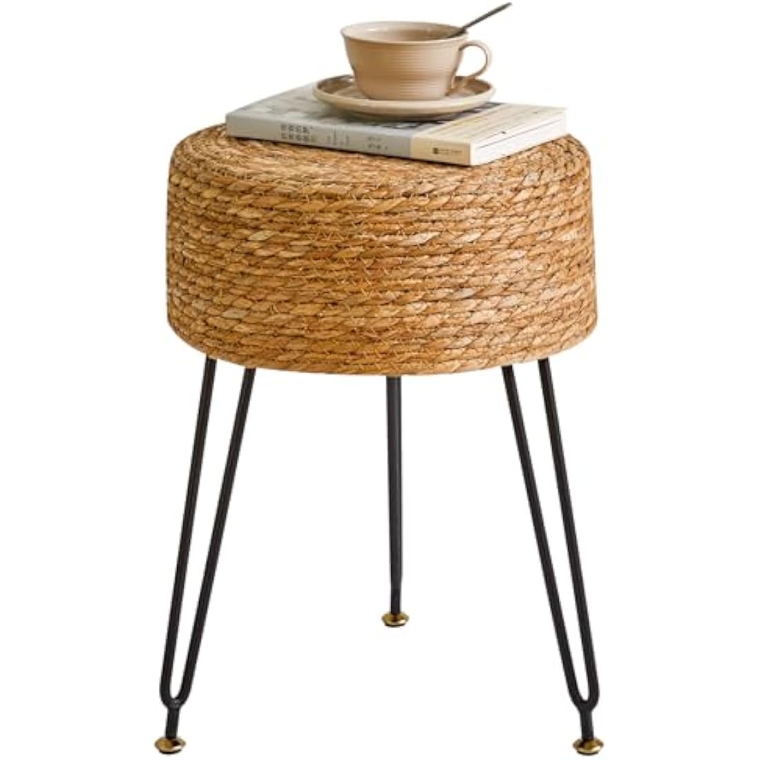 YMYNY Footstool Natural Seagrass Hand Weave, Vanity Makeup Stool, Pastoral Style Footrest, Padded Foot Rest with Metal Legs, Foot Rest Sofa Stool, for Living Room, 32×32×45CM Natural Color HBD029N