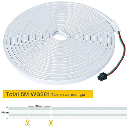 Tesfish 12V WS2811 Neon LED Strip Lights, RGB LED Pixel Strip 5 Meters Flexible IP65 Waterproof Tape Full Color Individually Addressable Smart Light