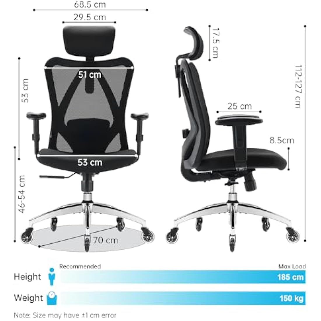 SIHOO M18 Office Chair Ergonomic Desk Chair, Breathable Mesh Design High Back Computer Chair, Adjustable Headrest and Lumbar Support, Upgraded to Rollerblade Wheels (Black)