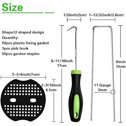 Bakulyor 50 Weed Control Membrane Pegs + 50 Buffer Washer, 6"/150mm Weed Mat Metal Garden Landscape Staples Artificial Grass Pins Ground Cover Mossing Fabric Artificial Barrier Pegs Accessories