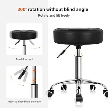 KKTONER Round Rolling Stool Chair PU Leather Height Adjustable Shop Stool Swivel Drafting Work SPA Salon Stools with Wheels Office Chair (Black)