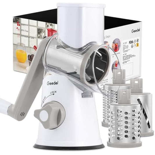 Rotary Cheese Grater, Vegetable Slicer with Three Drum Blades, Grater for Kitchen Faster and Easy Cutting, Rotary Drum Grater Ideal for Cheese, Cucumber, Carrot. etc.