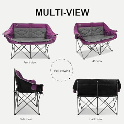 LANMOUNTAIN Folding Loveseat Camping Chair, Portable Double Chair w/Cup Holder,Wine Glass Holder,Carry Bag Heavy Duty Lawn Chair for 2 Adults,Perfect for Camp,Hiking,Picnics and Beach Trips,Purple