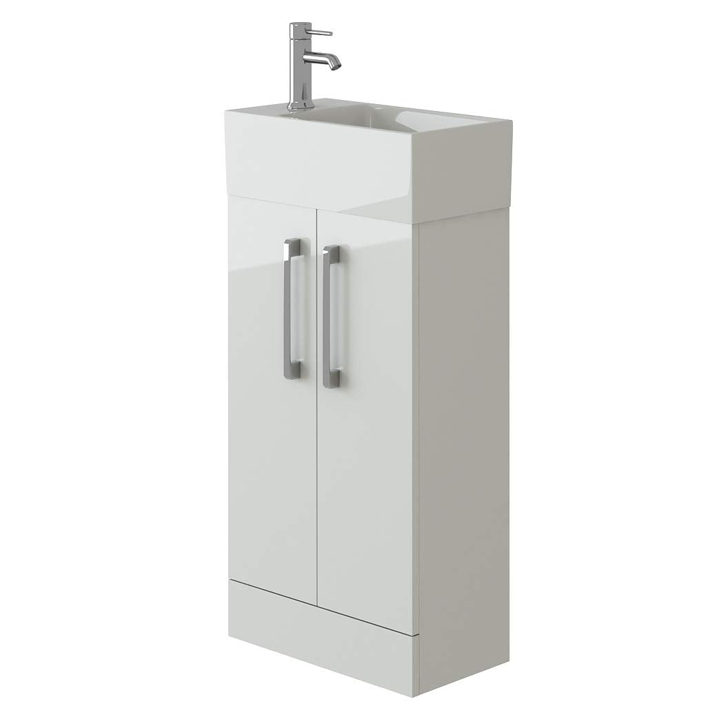 VeeBath STR-CR47-WH Lumin Cloakroom Vanity Basin Cabinet 2 Soft Close Door Bathroom Furniture Unit with Ceramic Sink-470mm, High Gloss White, 470mm