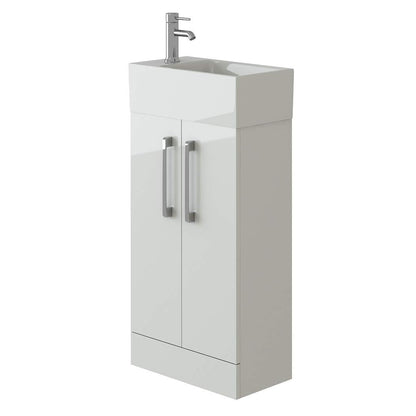 VeeBath STR-CR47-WH Lumin Cloakroom Vanity Basin Cabinet 2 Soft Close Door Bathroom Furniture Unit with Ceramic Sink-470mm, High Gloss White, 470mm