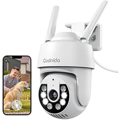 Codnida 2K Security Camera Outdoor, 360° PTZ WiFi Camera, CCTV Camera with 24/7 Recording, PIR Human Detection, Sound and Light Alarm, Support 16-128G SD Card, Works with Alexa
