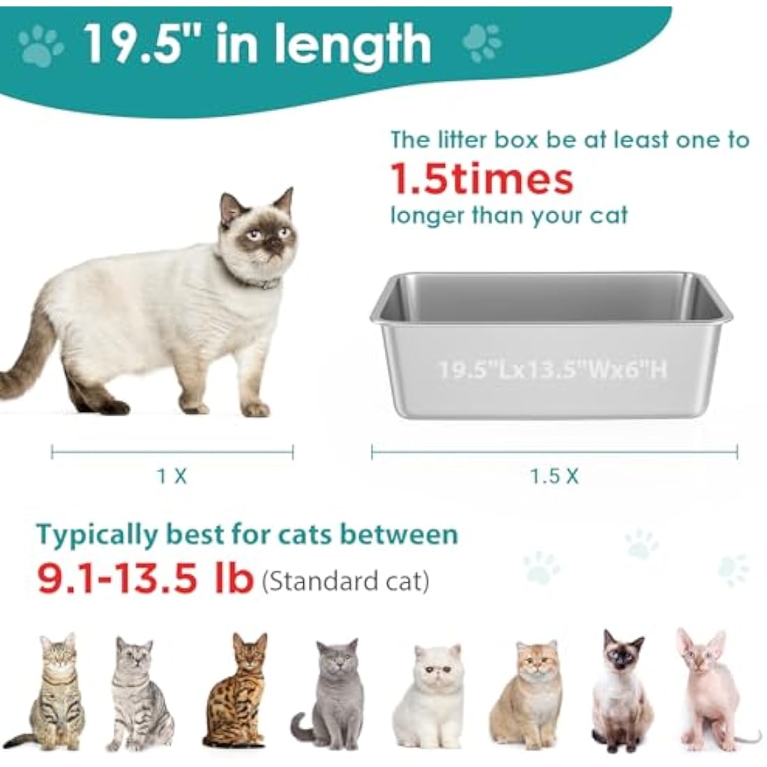 IKITCHEN Stainless Steel Cat Litter Box, Large Metal Litter Pan for Cats Rabbits, Never Absorbs Odors,Stain Free, Rustproof, Non Stick Smooth Surface, Anti-slip Rubber Bottom, 19.5"L x 13.5"W x 6"H