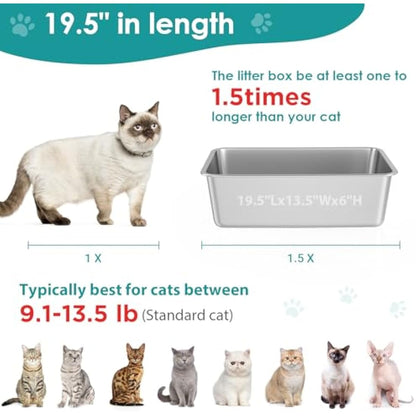 IKITCHEN Stainless Steel Cat Litter Box, Large Metal Litter Pan for Cats Rabbits, Never Absorbs Odors,Stain Free, Rustproof, Non Stick Smooth Surface, Anti-slip Rubber Bottom, 19.5"L x 13.5"W x 6"H