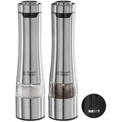 Russell Hobbs Stainless Steel Electric Salt & Pepper Mill Set with adjustable ceramic grinder heads for fine or coarse grinding, Battery operated, Light up during use, One handed operation, 23460-56