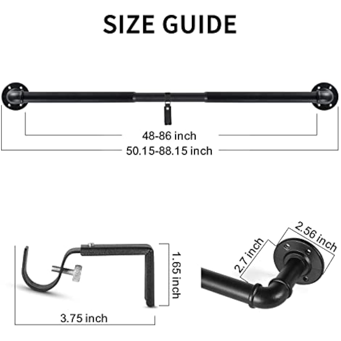 3 Pack Black Curtain Poles Metal, Industrial Curtain Rod for Eyelet Curtains, Industrial Curtain Pole for Windows 122cm-218cm, Room Divider Curtain Pole.