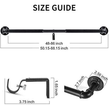 3 Pack Black Curtain Poles Metal, Industrial Curtain Rod for Eyelet Curtains, Industrial Curtain Pole for Windows 122cm-218cm, Room Divider Curtain Pole.