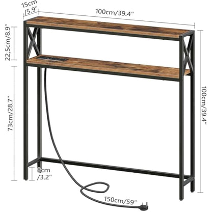 MAHANCRIS Narrow Sofa Table with Charging Station, 100 cm Behind Couch Table, Skinny Console Table with Outlet for Living Room, Rustic Brown and Black ACTHR115KE01N1