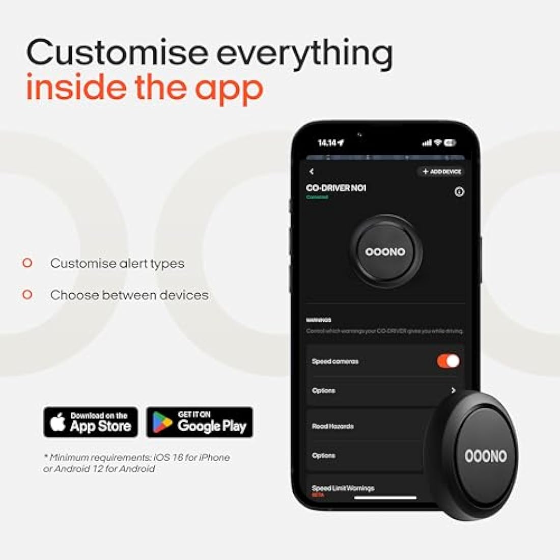 OOONO CO-Driver NO1: Warns of speed controls and dangers in road traffic in real time - automatically active after connecting to smartphone via Bluetooth