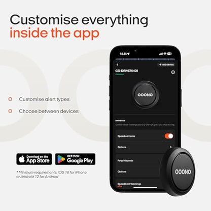 OOONO CO-Driver NO1: Warns of speed controls and dangers in road traffic in real time - automatically active after connecting to smartphone via Bluetooth