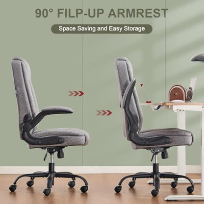 CASTLOVE Ergonomic Office Chair Computer Chair Executive Office Chair with Flip Up Armrest High Back Rocking Function Height Adjustable Comfortable Desk Chair for Home Office Fabric Grey