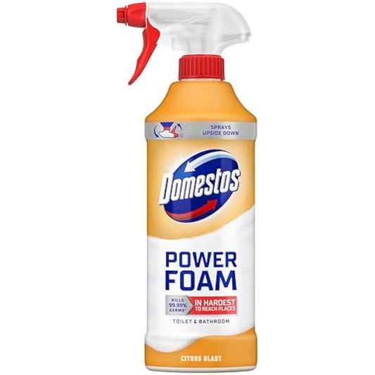 Domestos Power Foam Citrus Blast Upside Down Spray bleach-free toilet & bathroom cleaner eliminates 99.99%* of germs 6x 450 ml