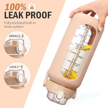 HYDRAGLAZIC 2L Glass Water Bottle with 2 Lids Flip and Chug Lids 2 Liter Large Water Jug with Time Marker and Silicone Sleeve BPA Free Leak-proof for Sports Gym, Amber