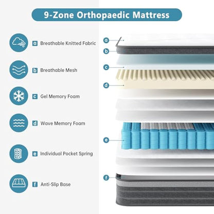 TeQsli Gel Individually Pocket Sprung Single Mattress 3FT with Breathable Soft Fabric, 10.6 Inch Hybrid Mattress Single for Pressure & Back Pain Relief, Medium Firm Mattress in a Box-90x190x27cm