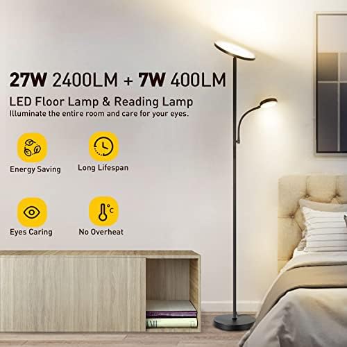 OUTON LED Floor Lamp with Reading Lamp, Mother/Father Parent & Child Uplighter and Spotlight Design, Dimmable Standing Lamp, Remote & Touch Control for Living Room Bedroom Office, Black
