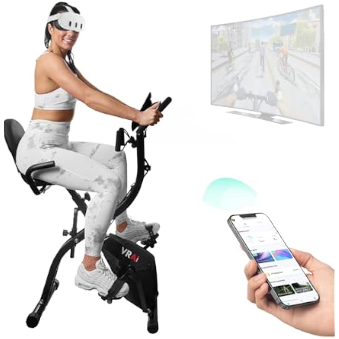 SmartXBike Pro 4-in-1 Exercise Bike Folding Indoor Cycling Fitness Bike with Magnetic Auto Resistance, FTP Power Training for Home Gym, Bluetooth Smartphone App Compatible with Kinomap, VZfit VR