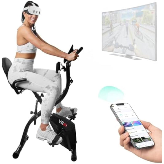 SmartXBike Pro 4-in-1 Exercise Bike Folding Indoor Cycling Fitness Bike with Magnetic Auto Resistance, FTP Power Training for Home Gym, Bluetooth Smartphone App Compatible with Kinomap, VZfit VR