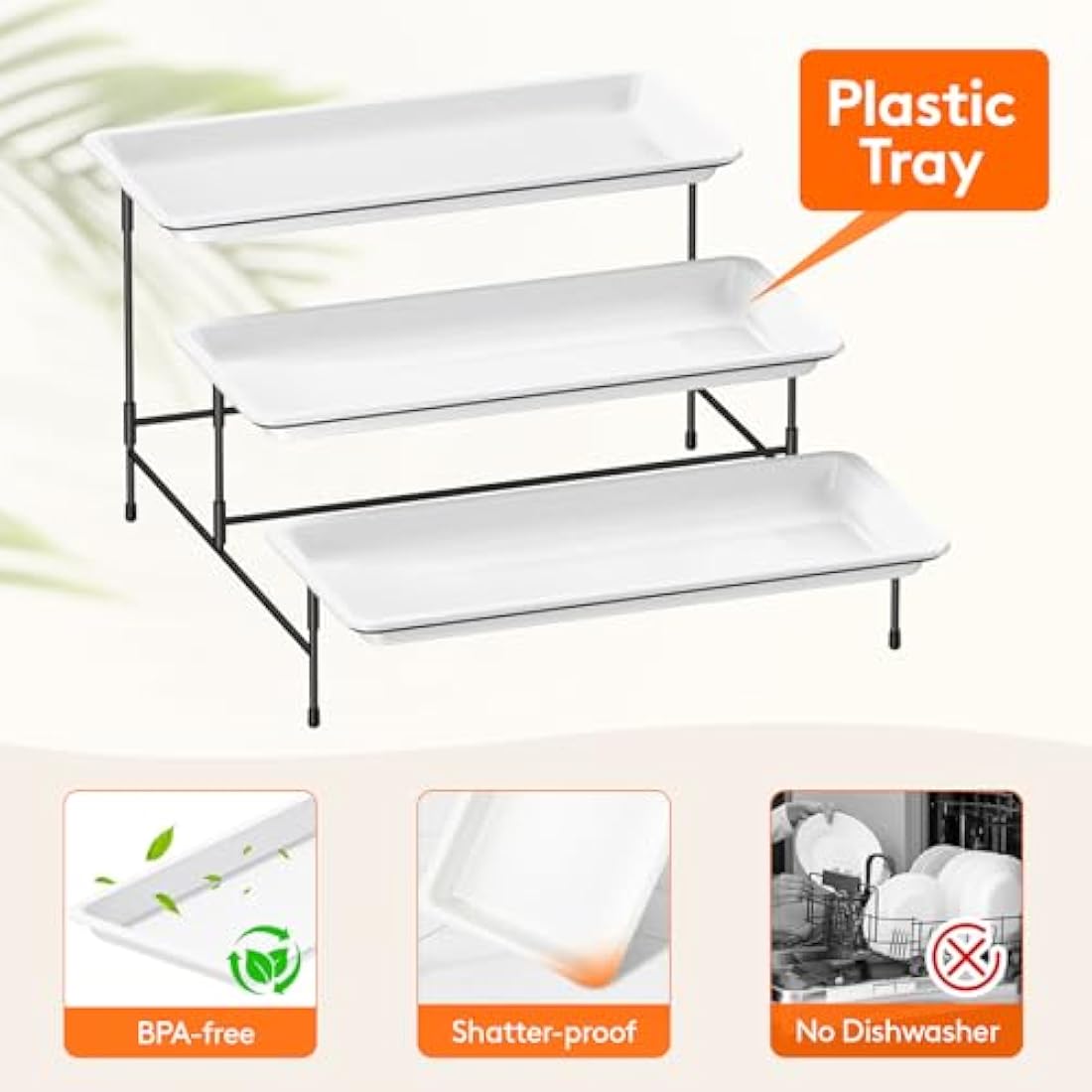 Lifewit 3-Tier 35.5x16.5cm Plastic Serving Platter, Reusable Tray with Collapsible & Stable Metal Stand – Ideal for Lightweight Food Display at Party, Afternoon Tea Cake, Fruit, Cookies, Dessert