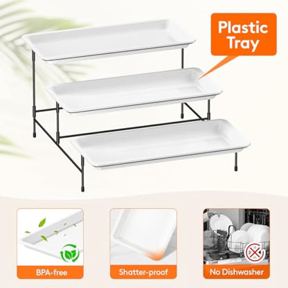 Lifewit 3-Tier 35.5x16.5cm Plastic Serving Platter, Reusable Tray with Collapsible & Stable Metal Stand – Ideal for Lightweight Food Display at Party, Afternoon Tea Cake, Fruit, Cookies, Dessert