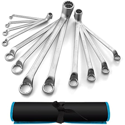 DURATECH Offset Double Ring Spanner Set, 12-Piece Metric Box End Wrench Set with Carry Pouch, Chrome Vanadium Steel, Matte Chrome-Plated, DIN 838, 75-Degree Offset, 6-32mm, 12-Point