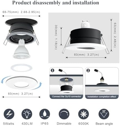 Sweier 6 Pack GU10 Dimmable LED Downlights IP65 Waterproof-5W 450LM Cool White 6000K Recessed Ceiling Spotlights,70mm Cutout,Die-Cast Aluminium,SCR Dimmer Compatible for Bathroom Kitchen Living Room