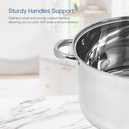 Cooking Pot Induction Stock Pot 9 litres Stainless Steel Deep Pots, Can Be Used as Stew, Soup Pot and Pasta Pot with Tempered Glass Lid