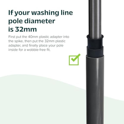 Flatro Rotary Washing Line Spike - Heavy Duty Powder Coated Metal Ground Spike for Rotary Washing Line with Two Plastic Adapters, Rotary Airer Ground Spike for Parasol - fit 32, 40, and 50mm