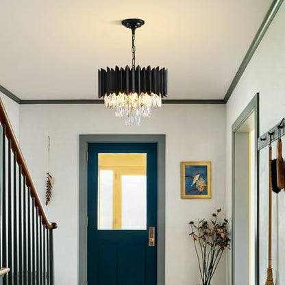 Modern Crystal Chandeliers 3-Tier K9 Round Crystal Chandeliers Light Fixture Small Black Ceiling Light Fixture for Dining Room Living Room Bedroom Entryway ，E14*5Light