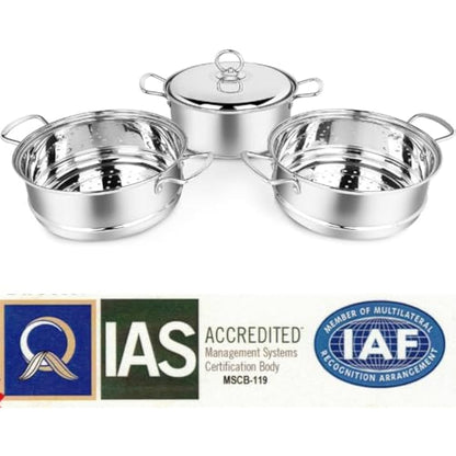 Penguin Home 3 Tier Stainless Steel Food Steamer Pan Set, Induction Safe Stainless Steel Lid with Knob, Sturdy Steel Handles, Kitchen Pan Steamer Set for Cooking, (20 Cm) Silver