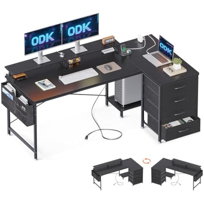 ODK Corner Desk with Drawers, L Shaped Computer Desk 160x80cm with USB Charging Port & Power Outlet, Home Office Desk with Monitor Stand and PC Stand, Gaming Desks Workstations, Black