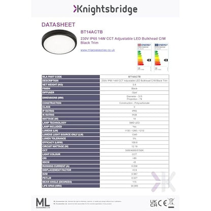 Knightsbridge LED Bathroom IP65 14W CCT Adjustable Wall or Ceiling mounting Bulkhead Fitting with Black Trim