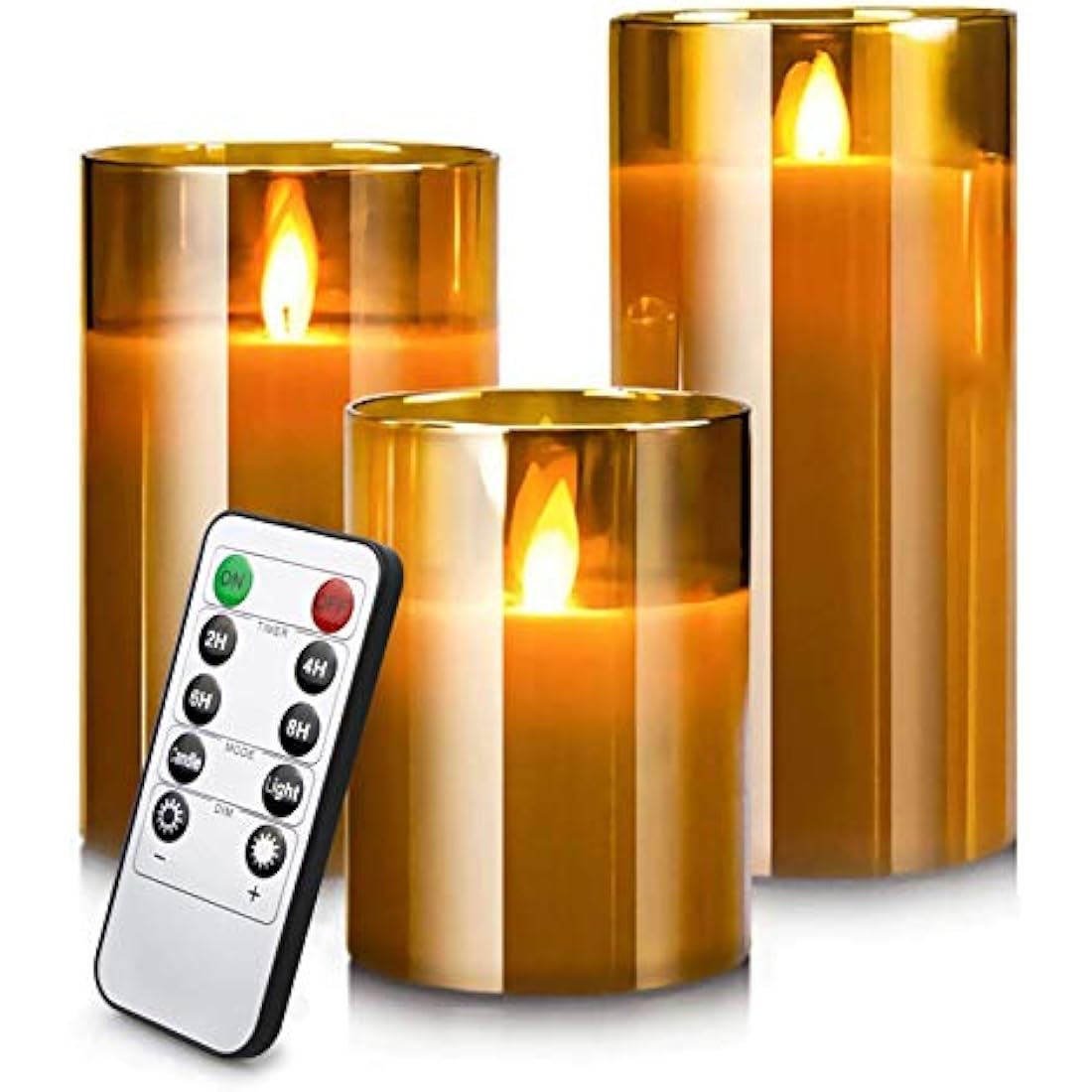 Led Flameless Candles, Battery Operated Flickering Candles Pillar Real Wax Moving Flame Electric Candle Sets Gold Glass Effect with Remote Timer, 4 in, 5 in, 6 in, Pack of 3 (Brown Glass)