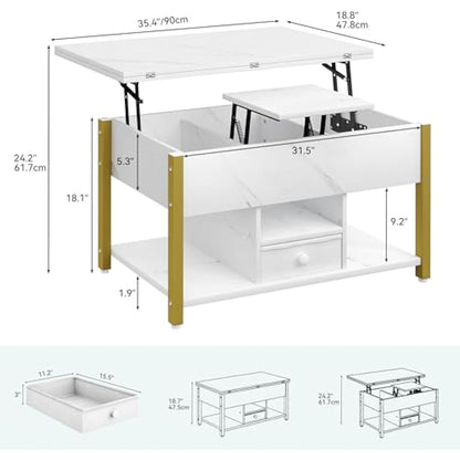 YITAHOME Lift Top Coffee Table with Drawers, 4 in 1 Multi-Function Liftable Coffee Table with Storage Space, Converts to Dining Table for Living Room Dining Room, White Marble