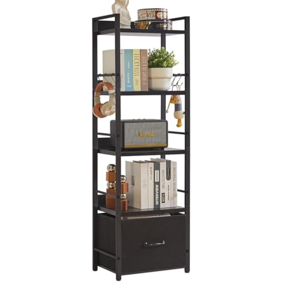 Aibiju Ladder Shelf，5 Tier Bookshelf with Fabric Cloth Drawer, Industrial Ladder Shelf,Steel Frame, Tall Narrow Bookcase with Shelves for Bedroom, Living Room, Black YD-BC001B