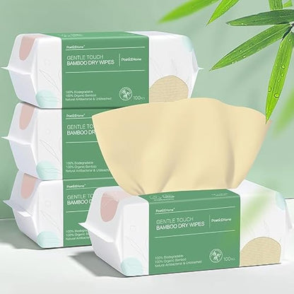 PoeticEHome Ultra-Soft 100% Pure Bamboo Dry Baby Wipes for Sensitive Skin - Unscented & Unbleached Facial Tissue Cloths, Hypoallergenic, 2X Softer Than Cotton - Wet or Dry Use, 400 Count