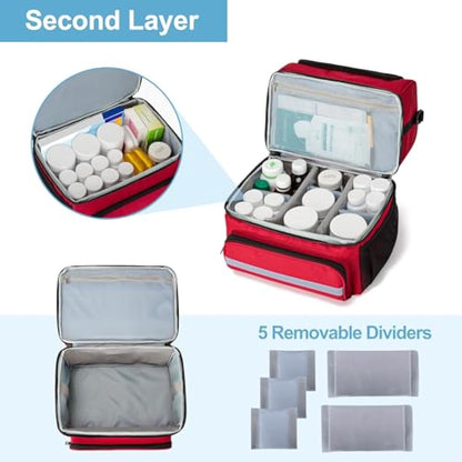 CURMIO Double Layer Medicine Storage Bag Empty, Family First Aid Organiser for Emergency Medical Kits, Portable Medicine Supplies Bag for Home and Travel, Red