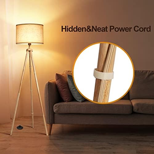 OUTON Solid Wooden Tripod Floor Lamp, Dimmable LED Standing Lamp with Remote Control & 4 Color Temperatures, 1H Timer, Floor Lamp with Linen Shade for Living Room Bedroom(Blub Included), Wood
